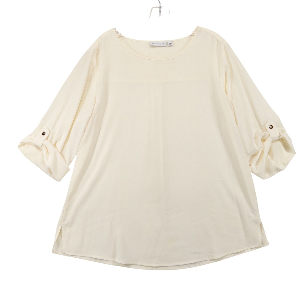 Susan Graver Womens Blouse Large Ivory Roll Tab Sleeve Scoop Neck Pleated Back